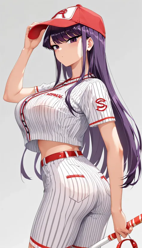 Professional baseball player ，woman，Komi Shouko, high saturation ，CG Art，pure, concept art , Lofi Art style，, Lofi Art, beautiful anime scene, Anime Landscape, big breasts in okunai,Bouncing Breasts, long purple hair, purple eyes,