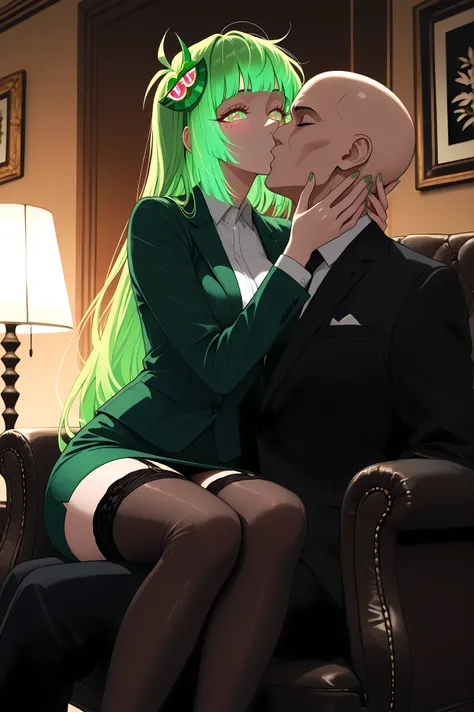 Vannamelon, woman with glowing green hair, (A woman in a suit kissing the head of a bald man sit on a chair), skirt, stockings, legs together ((perfect face, beautiful eyes, detailed eyes)), Luxurious Office, Dusk Light, soft lighting, elegant, Long Green ...