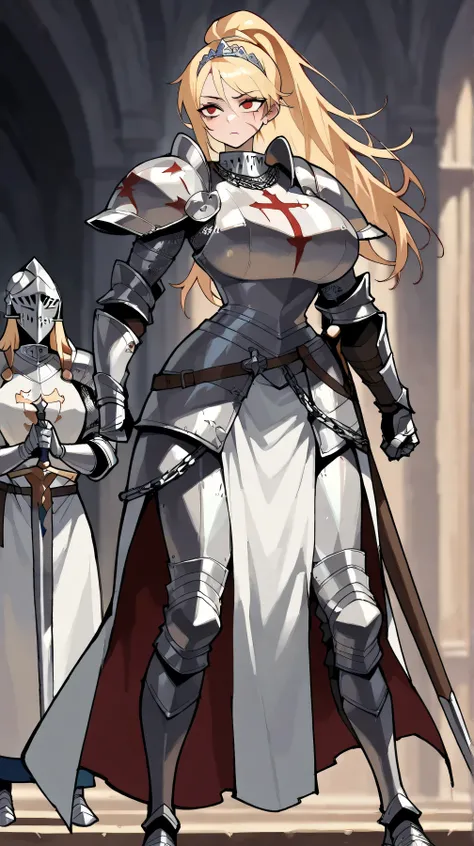 paladin, blonde, pretty face, big eyes, red eyes, scar in the middle of the face, vertical scar, ponytail hairstyle, long hair, big breasts, thin waist, big hips, long legs, defined muscles, white armor with gold edges, religious decoration on the armor, v...