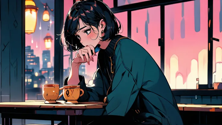 A warm, cinematic close-up side profile of a young woman sitting by a rain-speckled window at night, holding a coffee mug with both hands. Soft amber and blue light plays across her face, while the blurred city lights outside shimmer in bokeh. Gentle haze ...
