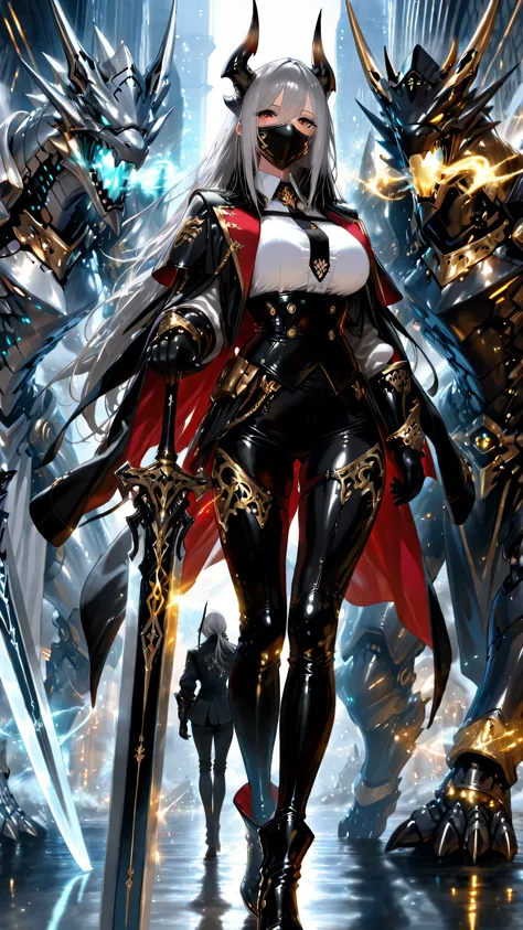 Masterpiece, best quality, professional photography, ultra detailed,engraved,magic effect, girls are walking. One girl is wearing black gauntlets on both hands. The gauntlets are decorated with gold. The girl is wearing a stylish decorated black jacket sui...