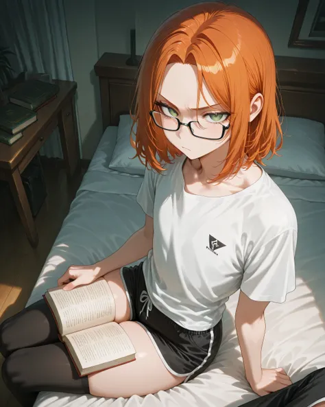 Boy, medium hair, parted bangs, ginger hair, green eyes, femboy, skinny, flat chest, twink, tall, solo, curvy thighs, detailed eyes, detailed face, detailed body, adult, detailed bedroom, evening, detailed eyes, detailed image, looking at viewer, sitting, ...