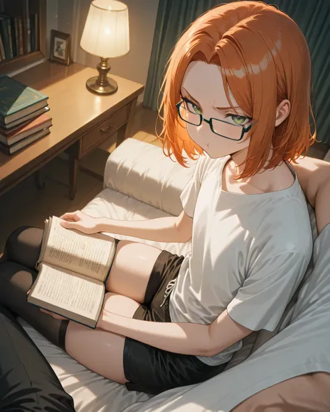 Boy, medium hair, parted bangs, ginger hair, green eyes, femboy, skinny, flat chest, twink, tall, solo, curvy thighs, detailed eyes, detailed face, detailed body, adult, detailed bedroom, evening, detailed eyes, detailed image, looking at book, reading, si...