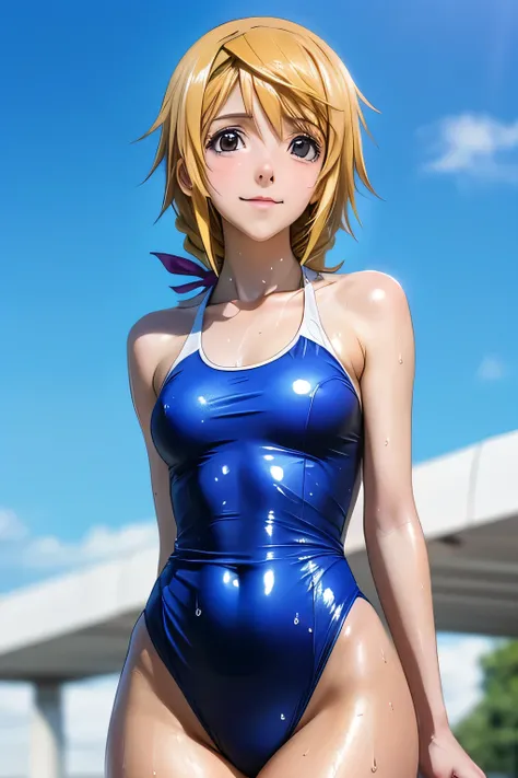 perfect anatomy Highest Quality,highest resolution,(((Shiny blue competitive swimsuit One Piece shiny blonde sweat shiny skin))) Charlotte Dunois Infinite Stratos