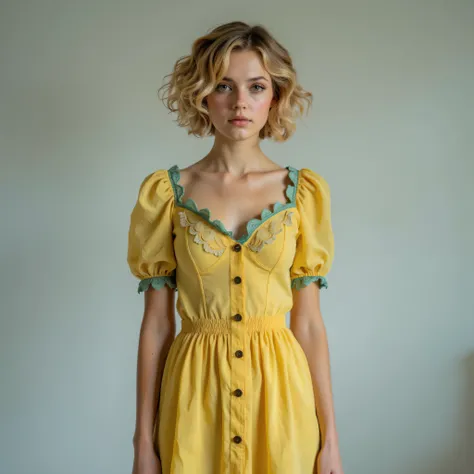 A realistic, high resolution photograph of a beautiful young woman full body frontal view with her arms at her sides looking at the camera. There is extra space in the photo above her head. She has a petite, hourglass figure with small, rounded breasts, me...