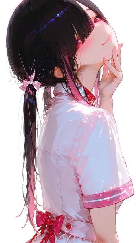 (finely best quality illustration:1.3), (kawaii girl:1.3), (white background:1.3),(1girl, solo:1),2 angles, zoom layer,upper body, full body, [from side], facing back,perfect eyes,Jewelry eyes,(perfect hands), A cheerful anime-style,Theme: black hair with ...