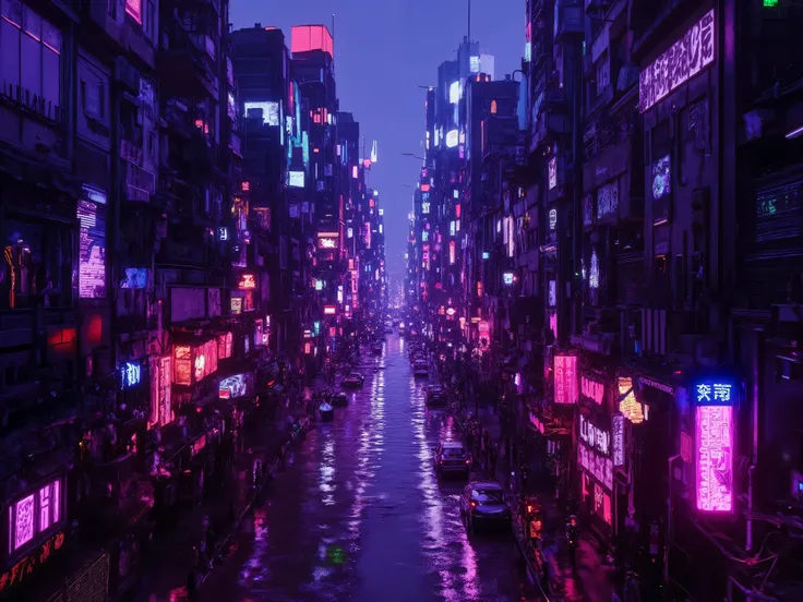 cyberpunk style,((High angle,Overview, night, Neon sign)), cinematic rainy cyberpunk city street at night, neon signs glowing, wet asphalt reflecting lights, soft rain falling, ambient mist, futuristic buildings, moody atmosphere, 4K, slow camera pan, ultr...