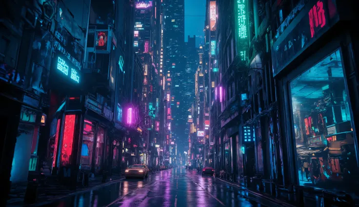 cyberpunk style,((High angle,Overview, night, Neon sign)), cinematic rainy cyberpunk city street at night, neon signs glowing, wet asphalt reflecting lights, soft rain falling, ambient mist, futuristic buildings, moody atmosphere, 4K, slow camera pan, ultr...
