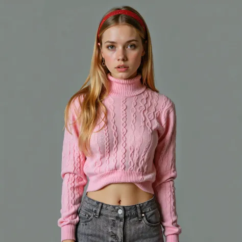 A realistic, high resolution photograph of a beautiful young woman full body frontal view with her arms at her sides looking at the camera. There is extra space in the photo above her head. She has a petite, hourglass figure with small, rounded breasts, me...