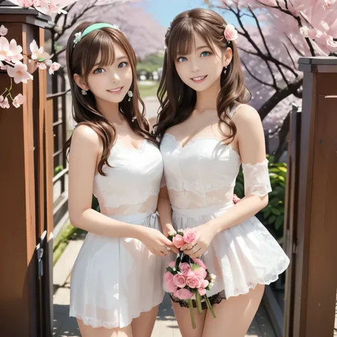masterpiece, best quality, ultra high res, anime style, soft and warm atmosphere, pastel color palette, gentle sunlight, soft focus, dreamy lighting, two beautiful sisters, older sister: elegant, tall, slender, (long wavy dark brown hair:1.3) in a loose si...