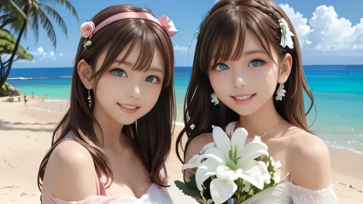 masterpiece, best quality, ultra high res, 16:9 aspect ratio, anime style, soft and warm atmosphere, tropical summer color palette, bright sunlight, soft focus, dreamy lighting, two beautiful sisters standing close together, both smiling brightly, (both lo...