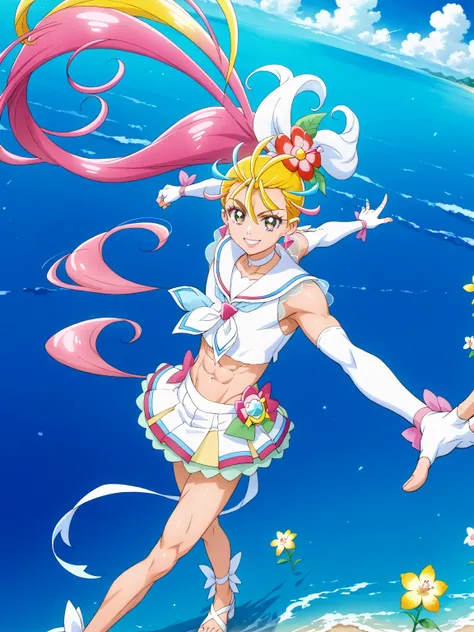 score 9 , score 8 up, score 7 up, source anime, masterpiece, Best quality, Best resolution, best image quality, anime coloring, anime screenshot, anime screencap, 1boy, cure summer is a boy, long haired anime boy, 美しい天の魔道士, flower, jewelry, hair ornament, ...