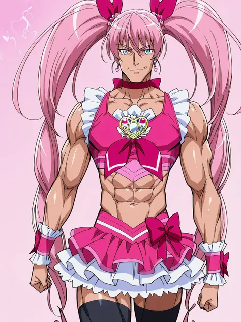 score 9 、score 8 up、score 7 up、source anime、傑作、best quality、best resolution、best image quality、Very detailed face、Very detailed eyes、anime coloring、anime screencap、anime screenshot、1boy、cure melody、man is wearing a crop top dress、pink hair、high twintail ha...