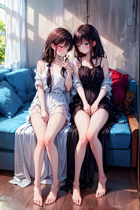Yuri , multiple girls, 2 Girls, Yuri, dress, place your hands on the couch, Long Hair, {{kissu, plant, close her eyes , window , indoor, sitting, blurry foreground, on place your hands on the couch, white dress, blurry, eXposes your shoulde...