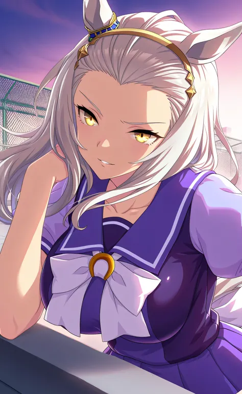 1female,solo,Ryuga,white hair,long hair,slicked-back hair,yellow eyes,cool face,pride,horse ear,leen muscle,big boobs,tall,sexy,purple school uniform,gold hairband,school,rooftop,[Style] Uma Musume: Pretty Derby