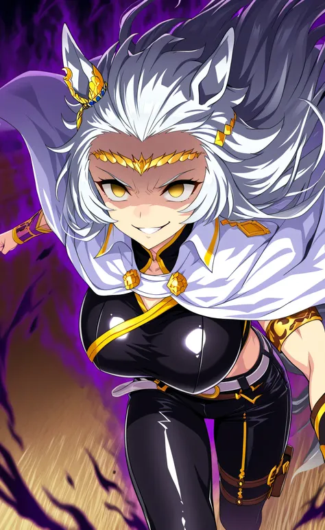 1female,solo,Ryuga,white hair,long hair,slicked-back hair,yellow eyes,empty eyes,evil grin,pride,horse ear,leen muscle,big boobs,tall,sexy,white cape,black crop top,black leather pants,gold neckless,gold armband,gold hairband,Dark Aura,run,horse track,[Sty...