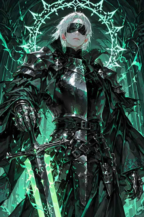 8k, beautiful masterpiece, looking ahead, alone, super pale skin (Undeathly Parlor), Perfect Eyes shape, Athletic Build, ((He wears: primarily black with silver accents = high collar Nazgul clothing with pointed shoulders and very wide sleeves, spiky steel...