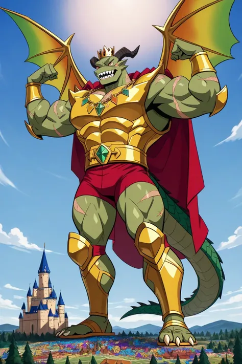 a green giant bad muscular weredragon with green emerald scales, 2 big golden and emerald wings, horns, sharp teeth, sharp claws, golden chest, golden armor, golden bracelets with colorful jewels, golden necklaces with colorful jewels, golden crown with co...