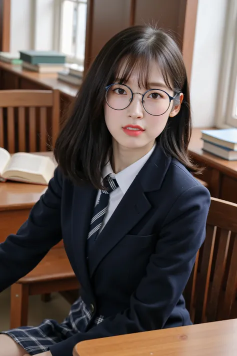 Model Arin, dark brown eyes, soft natural makeup, Black medium-length straight hair with neat bangs, wearing a classic Korean high school uniform with a navy blazer, white shirt, and plaid skirt, round black horn-rimmed glasses, sitting at a wooden desk in...
