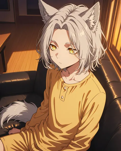 Boy, wolf hybrid, wolf tail, wolf ears, medium hair, parted bangs, silver hair, yellow eyes, vertical pupils, skinny twink, solo, detailed eyes, detailed face, detailed body, adult, detailed living room, evening, detailed eyes, detailed image, looking away...