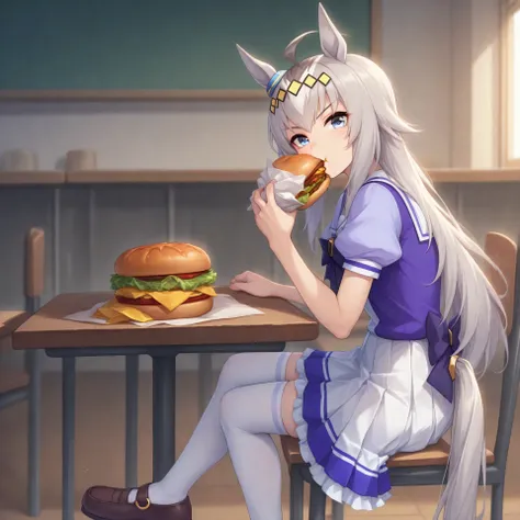 anime, lazypos, masterpiece, best quality, amazing quality, in school cafeteria, sitting at table, eating cheeseburger, looking over at viewer, 1girl, solo, ogdef, 1girl, long hair, horse ears, grey hair, ahoge, horse tail, blue eyes, multicolored hair, Tr...