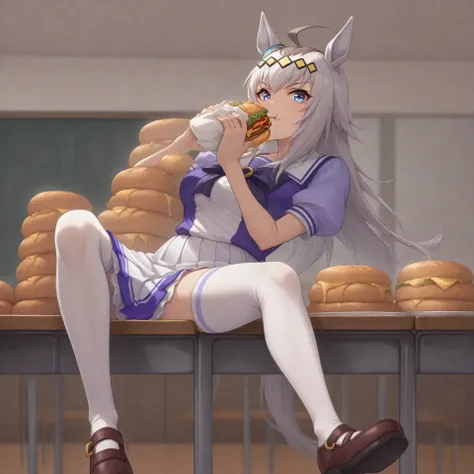 anime, lazypos, masterpiece, best quality, amazing quality, in school cafeteria, sitting at table, giant pile of cheeseburgers on table, eating cheeseburger, looking over at viewer, 1girl, solo, ogdef, 1girl, long hair, horse ears, grey hair, ahoge, horse ...