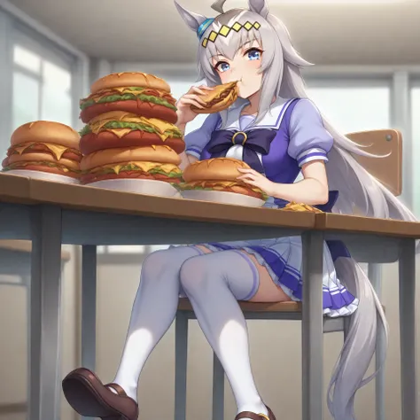 anime, lazypos, masterpiece, best quality, amazing quality, in school cafeteria, sitting at table, giant pile of cheeseburgers on table, eating cheeseburger, looking over at viewer, 1girl, solo, ogdef, 1girl, long hair, horse ears, grey hair, ahoge, horse ...