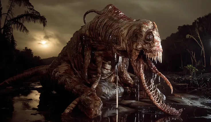 a perfect composition. darkness. Dead tropical trees. twilight. a rusty brown moon, rusty clouds. dead land with pools of oil. white bones are gnawing out of these pools. two brown eyes shine among the dead tropical trees. it is a huge tyrannosaurus covere...