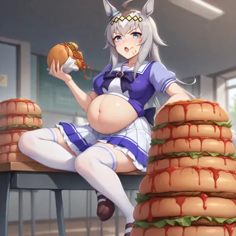 anime, lazypos, masterpiece, best quality, amazing quality, in school cafeteria, sitting at table, giant pile of cheeseburgers on table, french fries on table, holding cheeseburger, looking over at viewer, 1girl, solo, ogdef, 1girl, long hair, horse ears, ...