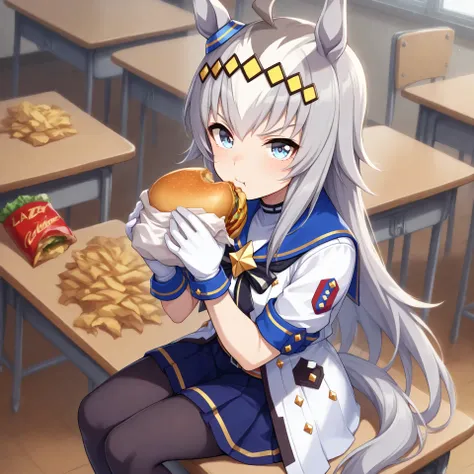 anime, lazypos, masterpiece, best quality, amazing quality, in school cafeteria, sitting on table, holding cheeseburger, looking at viewer, 1girl, solo, ogdef, 1girl, long hair, horse ears, grey hair, ahoge, horse tail, blue eyes, multicolored hair, white ...