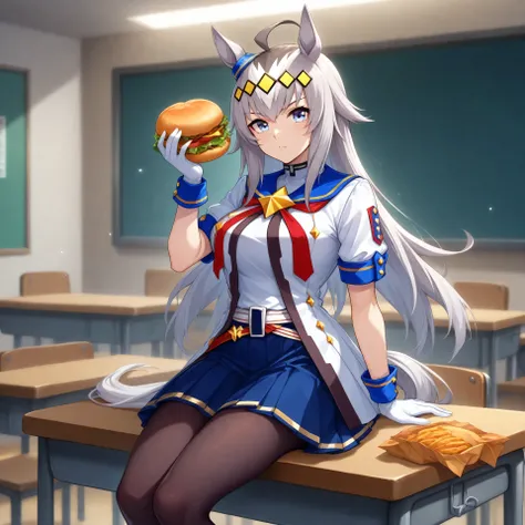 anime, lazypos, masterpiece, best quality, amazing quality, in school cafeteria, sitting on table, holding cheeseburger, looking at viewer, 1girl, solo, ogdef, 1girl, long hair, horse ears, grey hair, ahoge, horse tail, blue eyes, multicolored hair, white ...