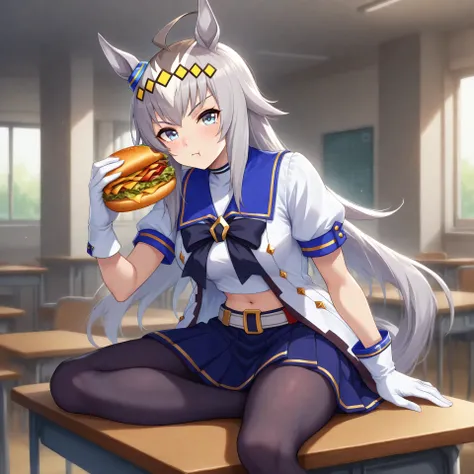 anime, lazypos, masterpiece, best quality, amazing quality, in school cafeteria, sitting on table, holding cheeseburger, looking at viewer, 1girl, solo, ogdef, 1girl, long hair, horse ears, grey hair, ahoge, horse tail, blue eyes, multicolored hair, white ...