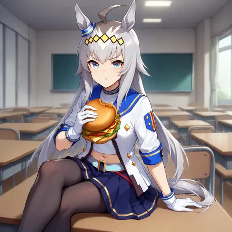 anime, lazypos, masterpiece, best quality, amazing quality, in school cafeteria, sitting on table, holding cheeseburger, looking at viewer, 1girl, solo, ogdef, 1girl, long hair, horse ears, grey hair, ahoge, horse tail, blue eyes, multicolored hair, white ...