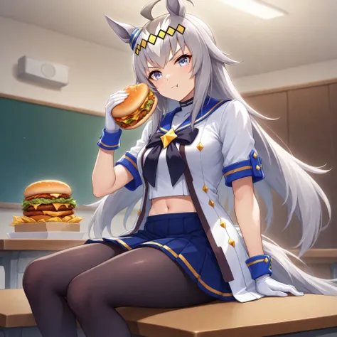 anime, lazypos, masterpiece, best quality, amazing quality, in school cafeteria, sitting on table, holding cheeseburger, looking at viewer, 1girl, solo, ogdef, 1girl, long hair, horse ears, grey hair, ahoge, horse tail, blue eyes, multicolored hair, white ...