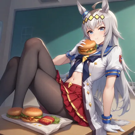 anime, lazypos, masterpiece, best quality, amazing quality, in school cafeteria, sitting on table, holding cheeseburger, looking at viewer, 1girl, solo, ogdef, 1girl, long hair, horse ears, grey hair, ahoge, horse tail, blue eyes, multicolored hair, white ...