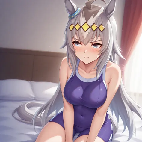anime, lazypos, masterpiece, best quality, amazing quality, in dormatory, sitting on bed, looking away, embarrassed, blushing, 1girl, solo, ogdef, 1girl, long hair, horse ears, grey hair, ahoge, horse tail, blue eyes, multicolored hair, tracen swimsuit, ba...