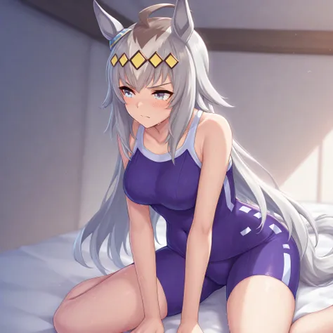 anime, lazypos, masterpiece, best quality, amazing quality, in dormatory, sitting on bed, looking away, embarrassed, blushing, 1girl, solo, ogdef, 1girl, long hair, horse ears, grey hair, ahoge, horse tail, blue eyes, multicolored hair, tracen swimsuit, ba...