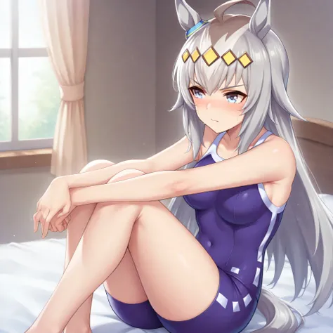 anime, lazypos, masterpiece, best quality, amazing quality, in dormatory, sitting on bed, looking away, embarrassed, blushing, 1girl, solo, ogdef, 1girl, long hair, horse ears, grey hair, ahoge, horse tail, blue eyes, multicolored hair, tracen swimsuit, ba...