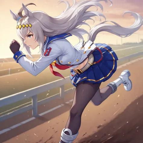 anime, lazypos, masterpiece, best quality, amazing quality, side view, at racetrack, running, 1girl, solo, ogdef, 1girl, long hair, horse ears, grey hair, ahoge, horse tail, blue eyes, multicolored hair, white shirt, neckerchief, belt, white jacket, pleate...