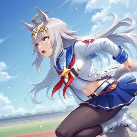 anime, lazypos, masterpiece, best quality, amazing quality, side view, at racetrack, running, 1girl, solo, ogdef, 1girl, long hair, horse ears, grey hair, ahoge, horse tail, blue eyes, multicolored hair, white shirt, neckerchief, belt, white jacket, pleate...