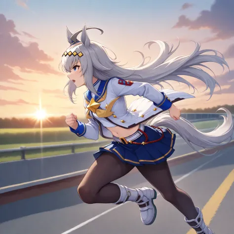 anime, lazypos, masterpiece, best quality, amazing quality, side view, at racetrack, running, 1girl, solo, ogdef, 1girl, long hair, horse ears, grey hair, ahoge, horse tail, blue eyes, multicolored hair, white shirt, neckerchief, belt, white jacket, pleate...