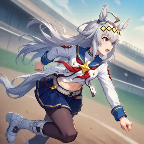 anime, lazypos, masterpiece, best quality, amazing quality, side view, at racetrack, running, 1girl, solo, ogdef, 1girl, long hair, horse ears, grey hair, ahoge, horse tail, blue eyes, multicolored hair, white shirt, neckerchief, belt, white jacket, pleate...