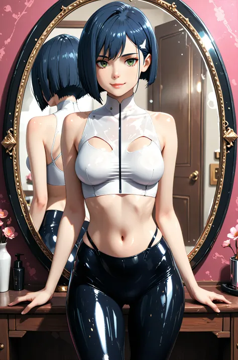 ichigo_franxx, shiny navy short hair, piel clara, well-detailed green eyes. medium breasts. wide hip. thighs and wide legs. Wear an ultra tight white top, sleeveless, Bare shoulders and navel. pronounced halter neckline. thin straps. Shiny navy latex leggi...