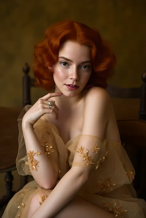 A girl with vibrant, curly red hair poses elegantly on a wooden chair, her body partially covered by a sheer, ethereal gown adorned with delicate floral embroidery. Her skin is luminous and soft, contrasting beautifully with the rich, warm tones of her hai...