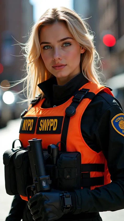 High Definition Images、 Female 1、American beauty、so beautiful、facial beauty、blue eyes、standing、NYPD uniform、SWAT member、orange bulletproof vest、 blond hair、Midday City、 backlit、 the wind is blowing 、hug Smith and Wesson、he's staring his muzzle into the cam...