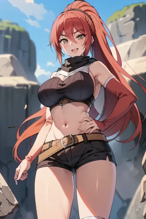 A woman with supernatural strength，draw a woman who breaks rocks with punch power，Strong women，Draw a woman with long hair and a brown ponytail，nice smile，I'm wearing hot pants,，sneakers，amazing thighs ，Beautiful legs，only，nice smile,The face is very impor...