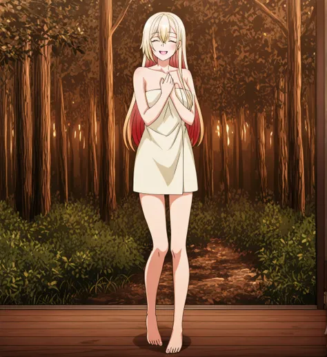 women with nice smiles,Blonde Long Hair, full body view, standing in the teacher's house,Can you draw a woman bathing in the forest on the lakeside,don't crop her face because facial expression is the top priority,Only one,can you accurately draw details o...