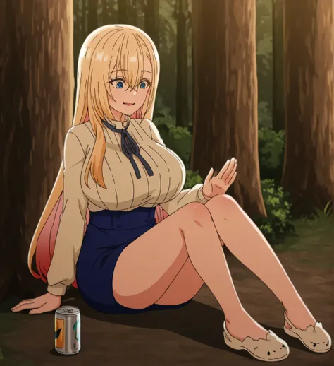can you draw a more delicate expression,Women with gentle smiles,Blonde Long Hair, full body view, I'm a bright, Forest Villa,,湖畔のForest Villaの椅子に座ってリラックスしています,I'I'm wearing shoes,usual costume,blue skirt,,don't cut off her face。Expression comes fi...