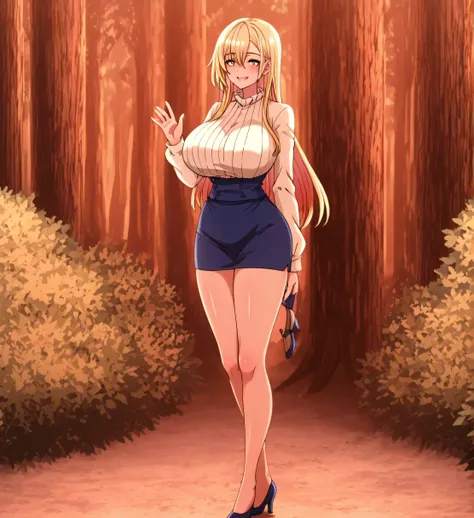 can you draw facial expressions more delicately,Women with gentle smiles,narrow waist even with huge breasts,Splendid Thighs,Can you draw a beautiful woman with huge breasts and beautiful legs in a miniskirt,Blonde Long Hair, full body view, I'm a bright, ...