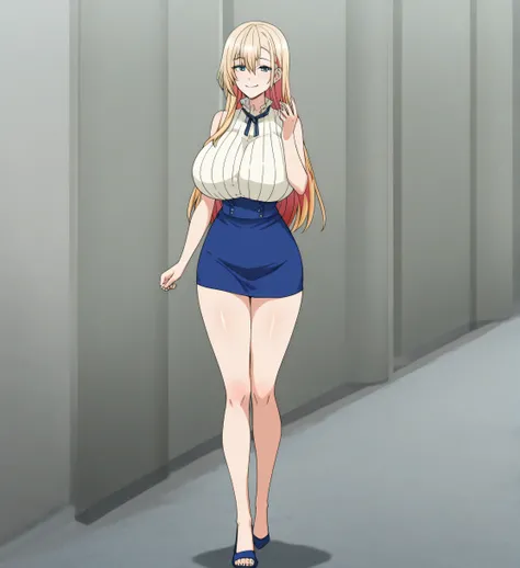 can you draw a more delicate expression, a woman with a gentle smile ,I wonder if I can draw a more delicate expression than,amazing thighs ,ミニスカートで爆乳とBeautiful legsの美女を描けますか,Blonde Long Hair, full body view, ,,I'm in a bright lake,,usual costume,Blue Mini...